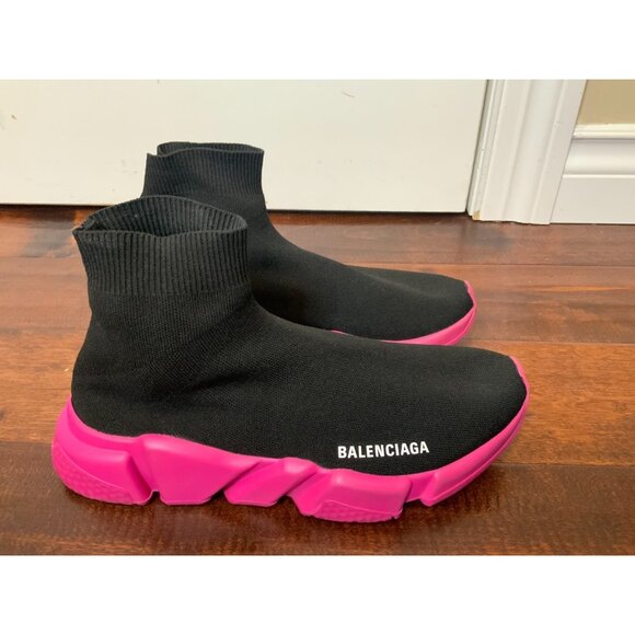 Balenciaga Black Knit Sock Speed Trainers Pink Platform Sole Sneakers, Size 10 - Picture 3 of 7